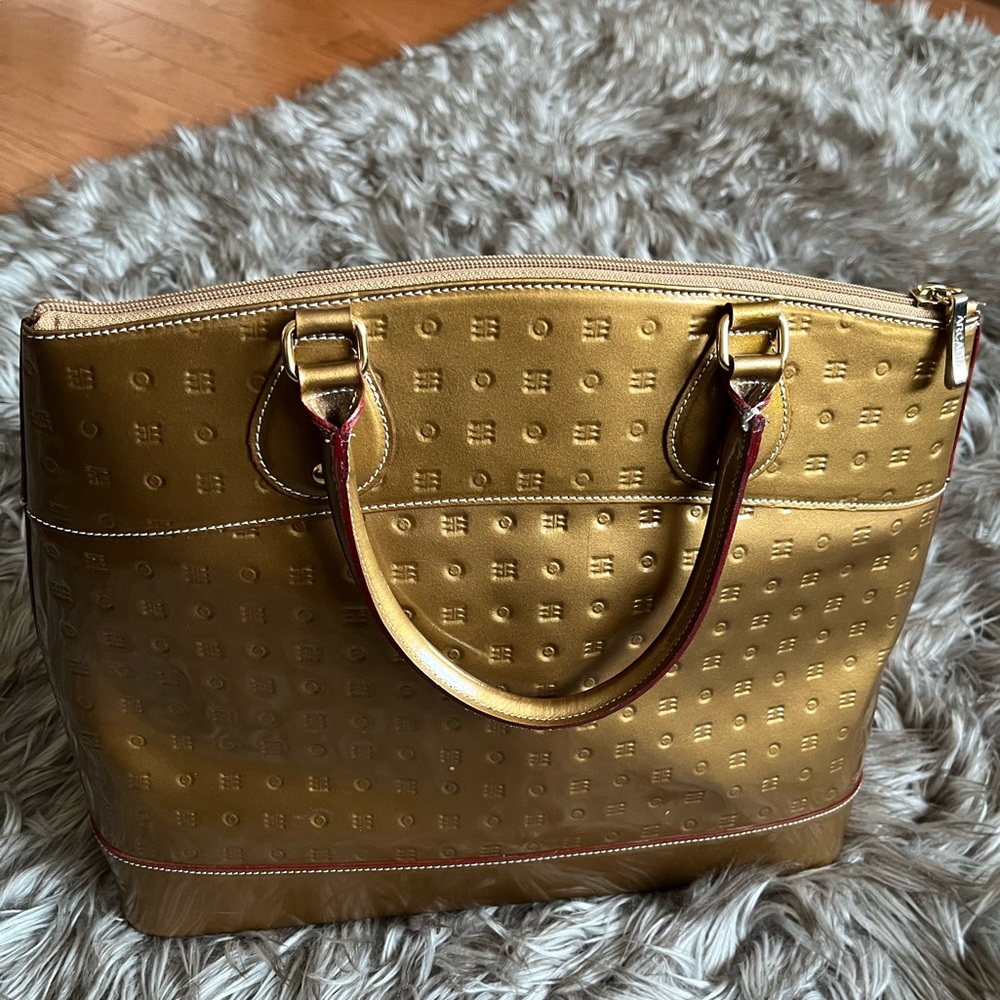 Arcadia Gold Patent Leather Satchel Large Handbag Purse Zip Double Handle Italy
